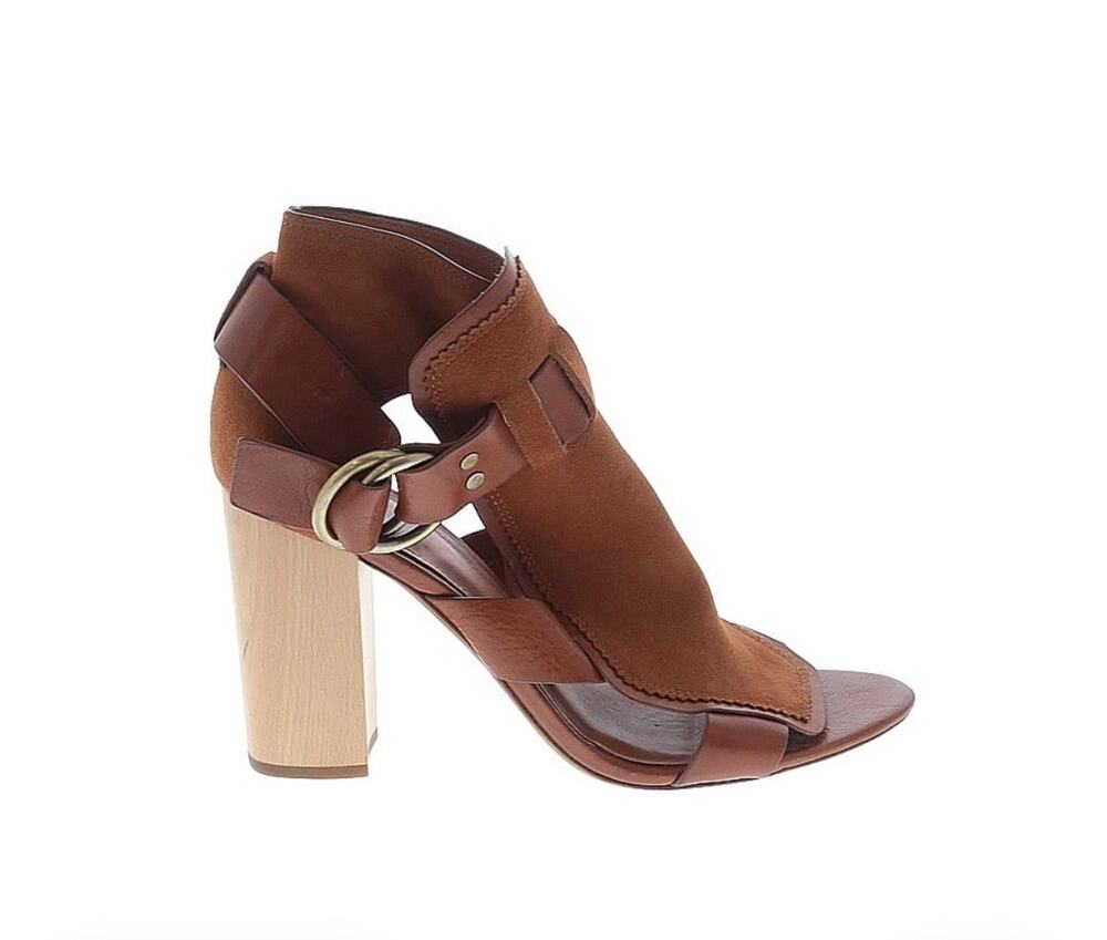Derek Lam 10 Crosby Open Toe Leather Suede Cognac Brown Chunky Heels Size 10 EUC